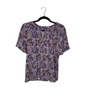 LOFT Paisley Print Top‎ Blouse Womens Small Short Sleeve Keyhole Button